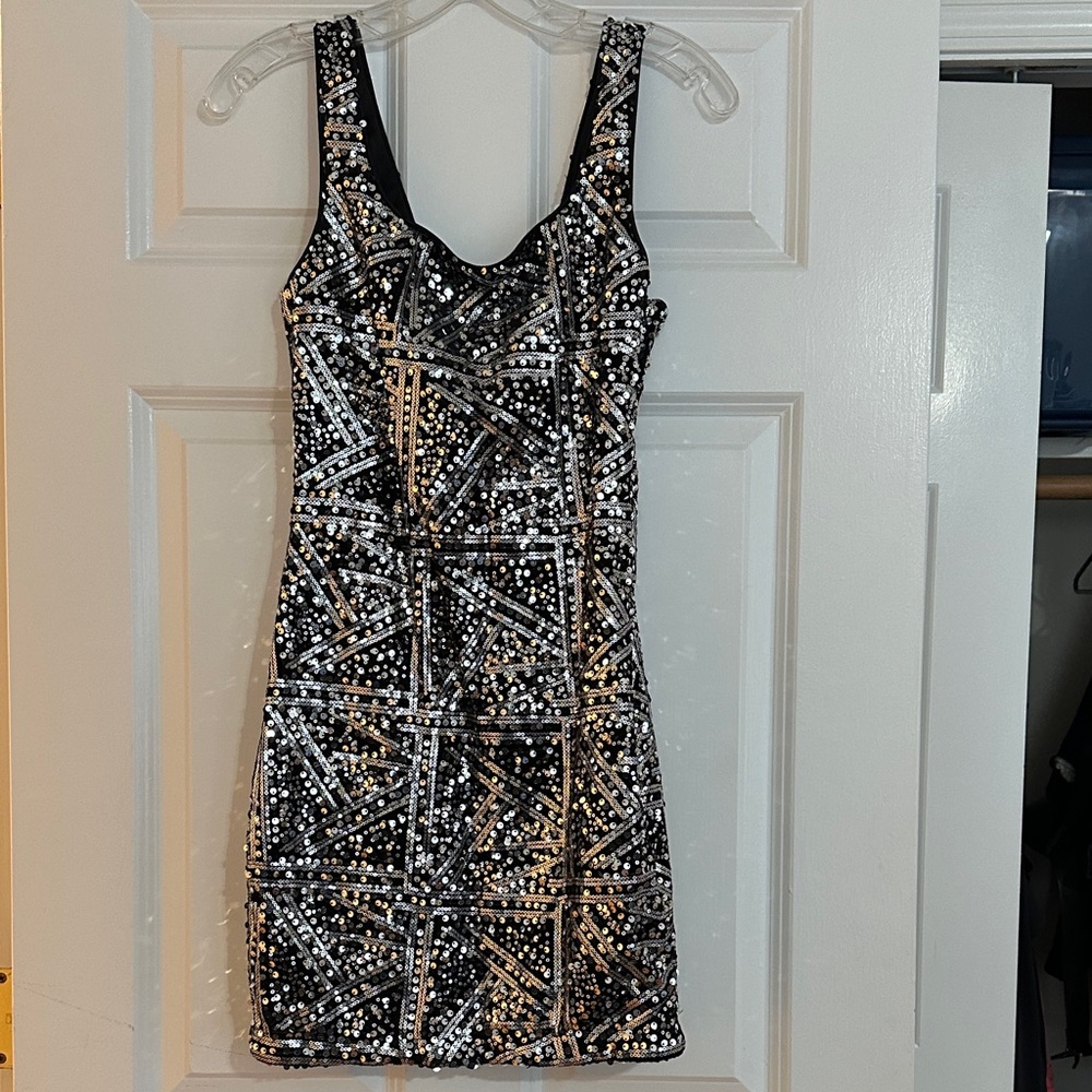 Aqua Black and Silver Geometric Sequin Mini Dress